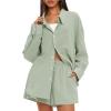 imageDarong Womens Summer 2 Piece Outfit Sets Long Sleeve Button Down Shirts Matching Short Sets Beach Vacation Lounge SetLight Green