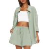 imageDarong Womens Summer 2 Piece Outfit Sets Long Sleeve Button Down Shirts Matching Short Sets Beach Vacation Lounge SetLight Green