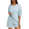 imageDarong Womens Two Piece Loungewear Set Summer Casual Boxy Shirts Drawstring Shorts Matching Airport Travel OutfitLight Blue