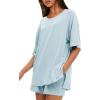 imageDarong Womens Two Piece Loungewear Set Summer Casual Boxy Shirts Drawstring Shorts Matching Airport Travel OutfitLight Blue