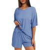 imageDarong Womens Two Piece Loungewear Set Summer Casual Boxy Shirts Drawstring Shorts Matching Airport Travel OutfitSea Blue
