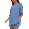 imageDarong Womens Two Piece Loungewear Set Summer Casual Boxy Shirts Drawstring Shorts Matching Airport Travel OutfitSea Blue