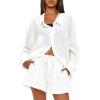 imageDarong Womens Summer 2 Piece Outfit Sets Long Sleeve Button Down Shirts Matching Short Sets Beach Vacation Lounge SetWhite