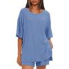 imageDarong Womens Two Piece Loungewear Set Summer Casual Boxy Shirts Drawstring Shorts Matching Airport Travel OutfitSea Blue