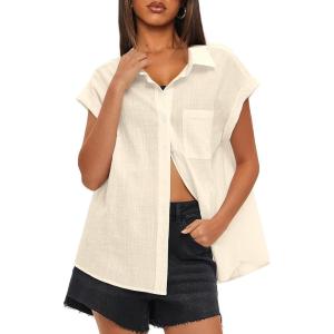 imageDarong Womens Button Down Cuffed Short Sleeve Shirts Cotton Casual 2025 Summer Loose Fit Blouse TopBeige