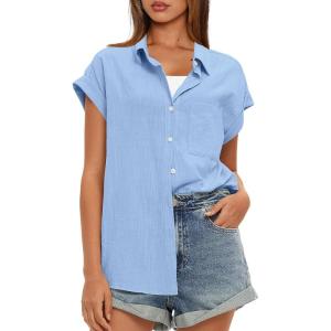 imageDarong Womens Button Down Cuffed Short Sleeve Shirts Cotton Casual 2025 Summer Loose Fit Blouse TopBlue