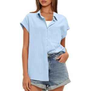 imageDarong Womens Button Down Cuffed Short Sleeve Shirts Cotton Casual 2025 Summer Loose Fit Blouse TopLight Blue