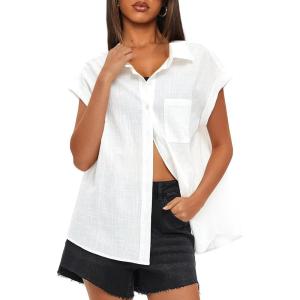 imageDarong Womens Button Down Cuffed Short Sleeve Shirts Cotton Casual 2025 Summer Loose Fit Blouse TopWhite