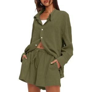 imageDarong Womens Summer 2 Piece Outfit Sets Long Sleeve Button Down Shirts Matching Short Sets Beach Vacation Lounge SetArmy Green
