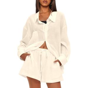 imageDarong Womens Summer 2 Piece Outfit Sets Long Sleeve Button Down Shirts Matching Short Sets Beach Vacation Lounge SetBeige