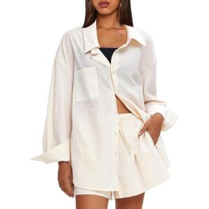 imageDarong Womens Summer 2 Piece Outfit Sets Long Sleeve Button Down Shirts Matching Short Sets Beach Vacation Lounge SetBeige Stripe