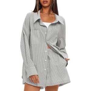 imageDarong Womens Summer 2 Piece Outfit Sets Long Sleeve Button Down Shirts Matching Short Sets Beach Vacation Lounge SetBlack Stripe
