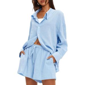 imageDarong Womens Summer 2 Piece Outfit Sets Long Sleeve Button Down Shirts Matching Short Sets Beach Vacation Lounge SetBlue