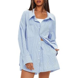 imageDarong Womens Summer 2 Piece Outfit Sets Long Sleeve Button Down Shirts Matching Short Sets Beach Vacation Lounge SetBlue Stripe