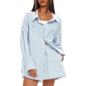 imageDarong Womens Summer 2 Piece Outfit Sets Long Sleeve Button Down Shirts Matching Short Sets Beach Vacation Lounge SetLight Blue Stripe