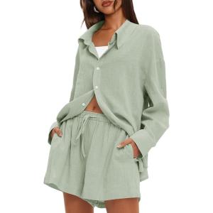 imageDarong Womens Summer 2 Piece Outfit Sets Long Sleeve Button Down Shirts Matching Short Sets Beach Vacation Lounge SetLight Green