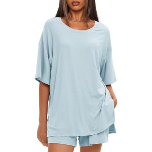 imageDarong Womens Two Piece Loungewear Set Summer Casual Boxy Shirts Drawstring Shorts Matching Airport Travel OutfitLight Blue