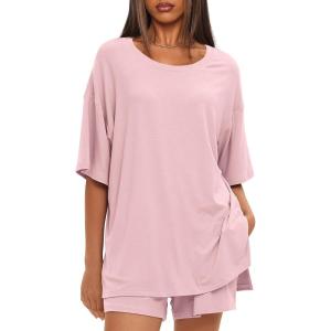 imageDarong Womens Two Piece Loungewear Set Summer Casual Boxy Shirts Drawstring Shorts Matching Airport Travel OutfitLight Pink