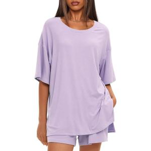 imageDarong Womens Two Piece Loungewear Set Summer Casual Boxy Shirts Drawstring Shorts Matching Airport Travel OutfitLight Purple