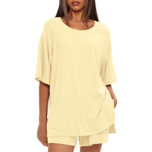 imageDarong Womens Two Piece Loungewear Set Summer Casual Boxy Shirts Drawstring Shorts Matching Airport Travel OutfitLight Yellow