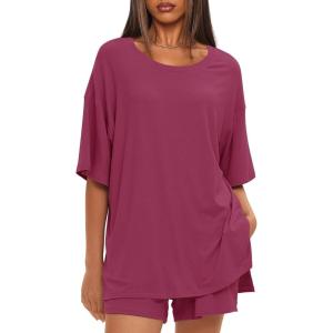 imageDarong Womens Two Piece Loungewear Set Summer Casual Boxy Shirts Drawstring Shorts Matching Airport Travel OutfitRaspberry Pink