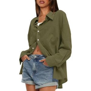 imageDarong Womens Button Down Long Sleeve Shirts Cotton Blend Casual Oversized Boyfriend Loose Fit Blouse TopArmy Green