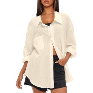 imageDarong Womens Button Down Long Sleeve Shirts Cotton Blend Casual Oversized Boyfriend Loose Fit Blouse TopBeige