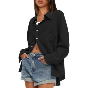 imageDarong Womens Button Down Long Sleeve Shirts Cotton Blend Casual Oversized Boyfriend Loose Fit Blouse TopBlack