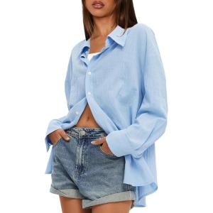 imageDarong Womens Button Down Long Sleeve Shirts Cotton Blend Casual Oversized Boyfriend Loose Fit Blouse TopBlue