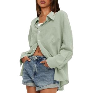 imageDarong Womens Button Down Long Sleeve Shirts Cotton Blend Casual Oversized Boyfriend Loose Fit Blouse TopLight Green