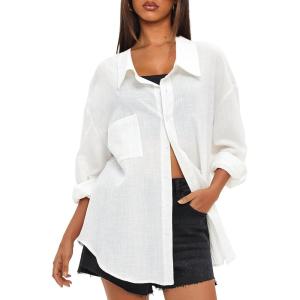 imageDarong Womens Button Down Long Sleeve Shirts Cotton Blend Casual Oversized Boyfriend Loose Fit Blouse TopWhite