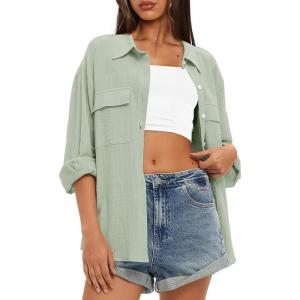 imageDarong Womens Button Down Shirts Long Sleeve Cotton Casual Pocket Oversized Loose Fit Blouse TopsBaby Green