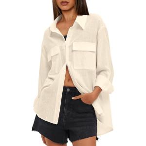 imageDarong Womens Button Down Shirts Long Sleeve Cotton Casual Pocket Oversized Loose Fit Blouse TopsBeige