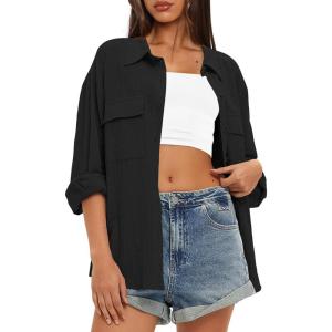 imageDarong Womens Button Down Shirts Long Sleeve Cotton Casual Pocket Oversized Loose Fit Blouse TopsBlack