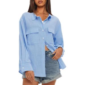 imageDarong Womens Button Down Shirts Long Sleeve Cotton Casual Pocket Oversized Loose Fit Blouse TopsBlue
