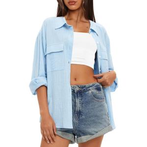 imageDarong Womens Button Down Shirts Long Sleeve Cotton Casual Pocket Oversized Loose Fit Blouse TopsLight Blue