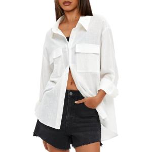 imageDarong Womens Button Down Shirts Long Sleeve Cotton Casual Pocket Oversized Loose Fit Blouse TopsWhite