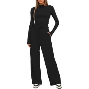 imageDarong Womens 2 Piece Outfits Lounge Sets Long Sleeve Mock Neck Tops High Wasited Wide Leg Pants Tracksuit SetsBlackregular