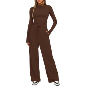 imageDarong Womens 2 Piece Outfits Lounge Sets Long Sleeve Mock Neck Tops High Wasited Wide Leg Pants Tracksuit SetsCoffeeregular