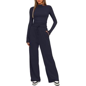 imageDarong Womens 2 Piece Outfits Lounge Sets Long Sleeve Mock Neck Tops High Wasited Wide Leg Pants Tracksuit SetsDark Blueregular