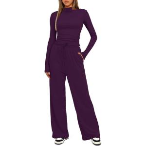imageDarong Womens 2 Piece Outfits Lounge Sets Long Sleeve Mock Neck Tops High Wasited Wide Leg Pants Tracksuit SetsDark Purpleregular
