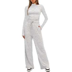 imageDarong Womens 2 Piece Outfits Lounge Sets Long Sleeve Mock Neck Tops High Wasited Wide Leg Pants Tracksuit SetsWhite Greyregular