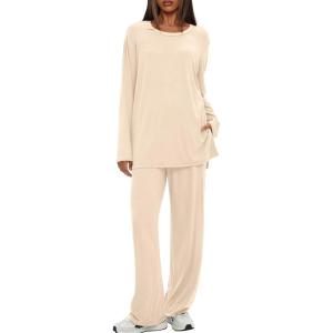 imageDarong Womens 2 Piece Lounge Set Casual Long Sleeve Crew Neck Tops Wide Leg Pants Travel Airport Outfit Matching SetsBeigeregular