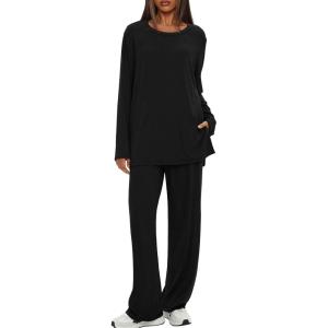 imageDarong Womens 2 Piece Lounge Set Casual Long Sleeve Crew Neck Tops Wide Leg Pants Travel Airport Outfit Matching SetsBlackregular