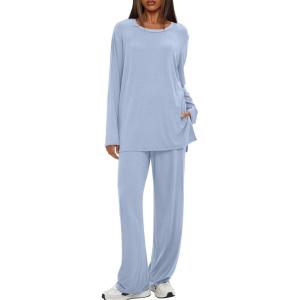 imageDarong Womens 2 Piece Lounge Set Casual Long Sleeve Crew Neck Tops Wide Leg Pants Travel Airport Outfit Matching SetsBlueregular