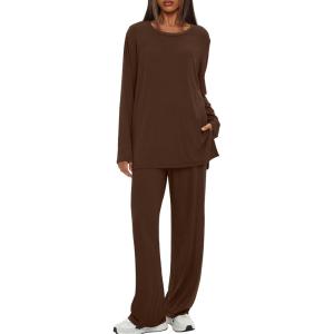 imageDarong Womens 2 Piece Lounge Set Casual Long Sleeve Crew Neck Tops Wide Leg Pants Travel Airport Outfit Matching SetsCoffeeregular