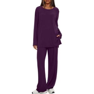 imageDarong Womens 2 Piece Lounge Set Casual Long Sleeve Crew Neck Tops Wide Leg Pants Travel Airport Outfit Matching SetsDark Purpleregular