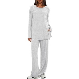 imageDarong Womens 2 Piece Lounge Set Casual Long Sleeve Crew Neck Tops Wide Leg Pants Travel Airport Outfit Matching SetsWhite Greyregular