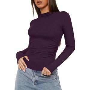 imageDarong Women Mock Turtle Neck Long Sleeve T Shirt Casual Slim Fitted Ruched Going Out TopDark Purple