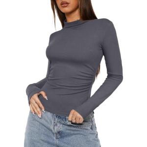 imageDarong Women Mock Turtle Neck Long Sleeve T Shirt Casual Slim Fitted Ruched Going Out TopGrey